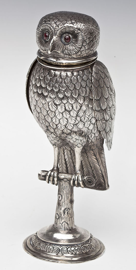 Continental sterling owl vessel. Price realized: $1,800. Cordier Auctions & Appraisals image.